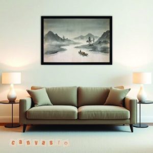 Tranh canvas thủy mặc phong cảnh sông núi bình yên | Mã số KAP-PC 0001