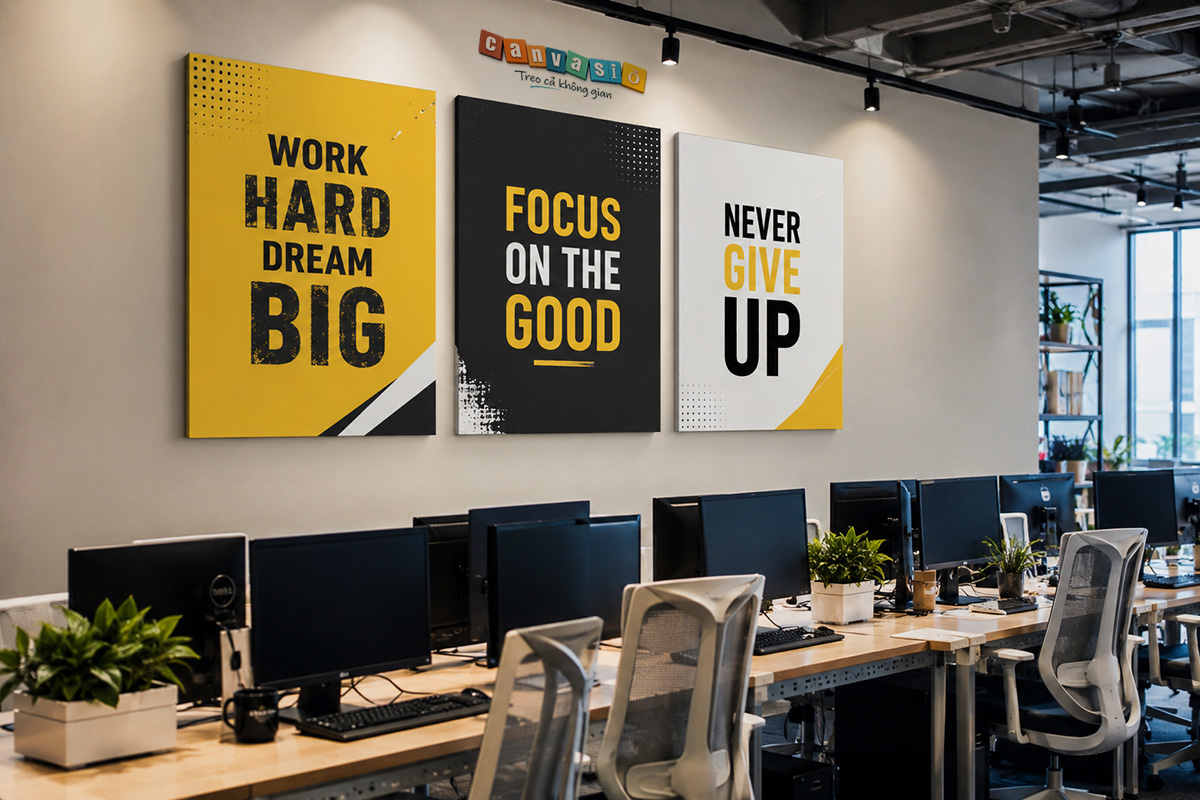Gợi ý chọn tranh Canvas đẹp cho văn phòng làm việc Bộ tranh canvas slogan truyền cảm hứng giúp kích thích tinh thần làm việc và sáng tạo của nhân viên tại văn phòng.
