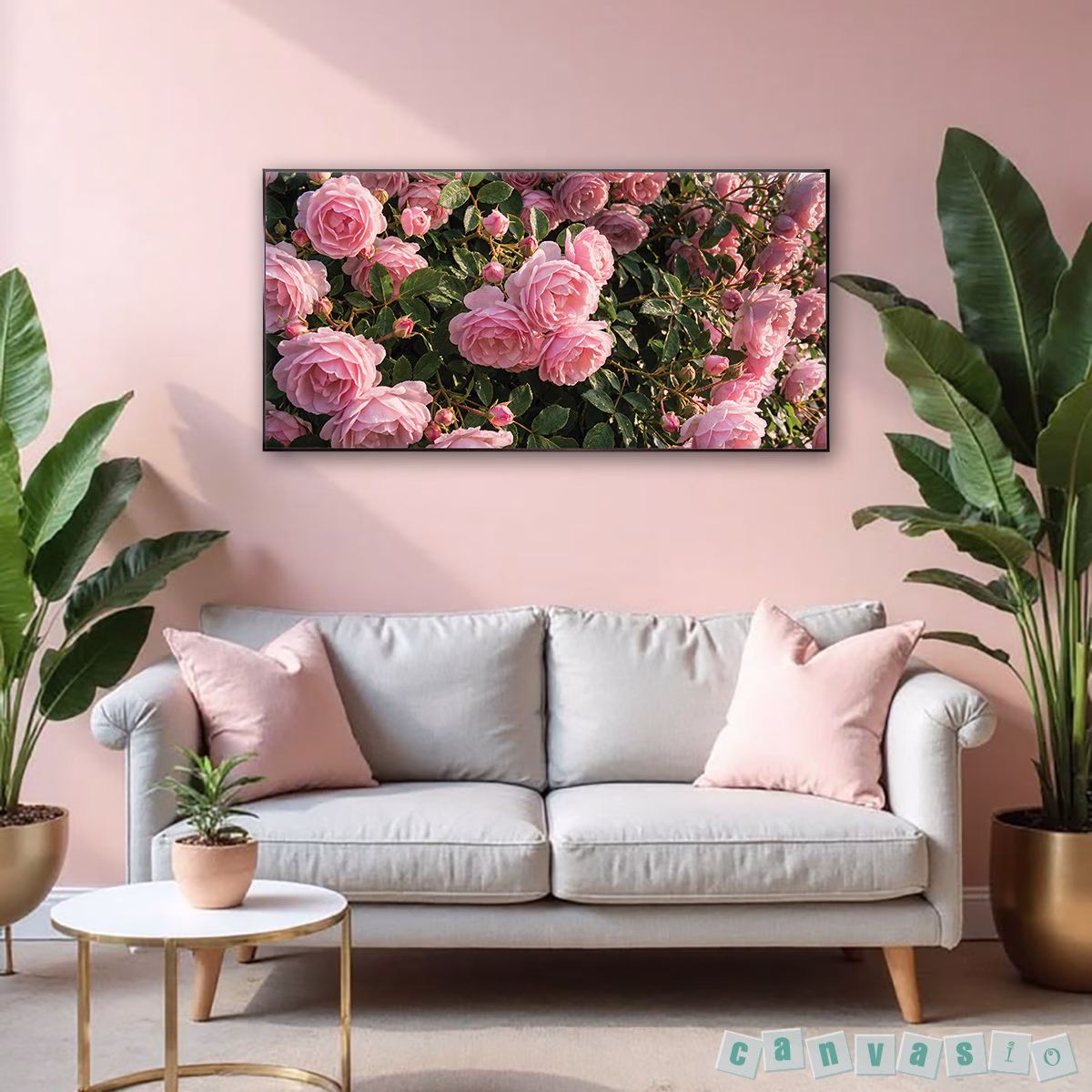 Tranh canvas bụi hoa hồng hồng lãng mạn | Mã KAP-HH 0003