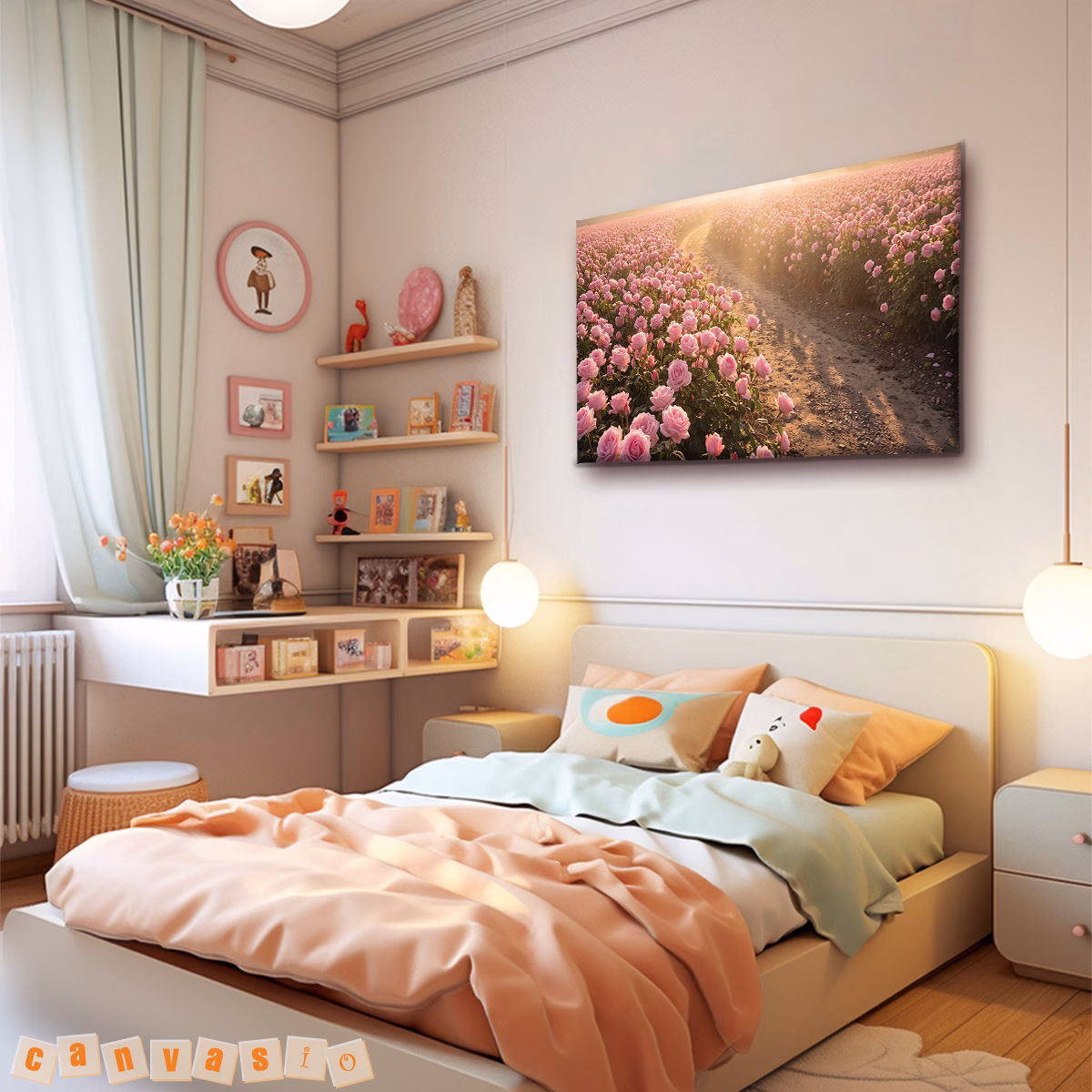 Tranh canvas cánh đồng hoa hồng rực rỡ nắng mai | Mã KAP-HH 0010