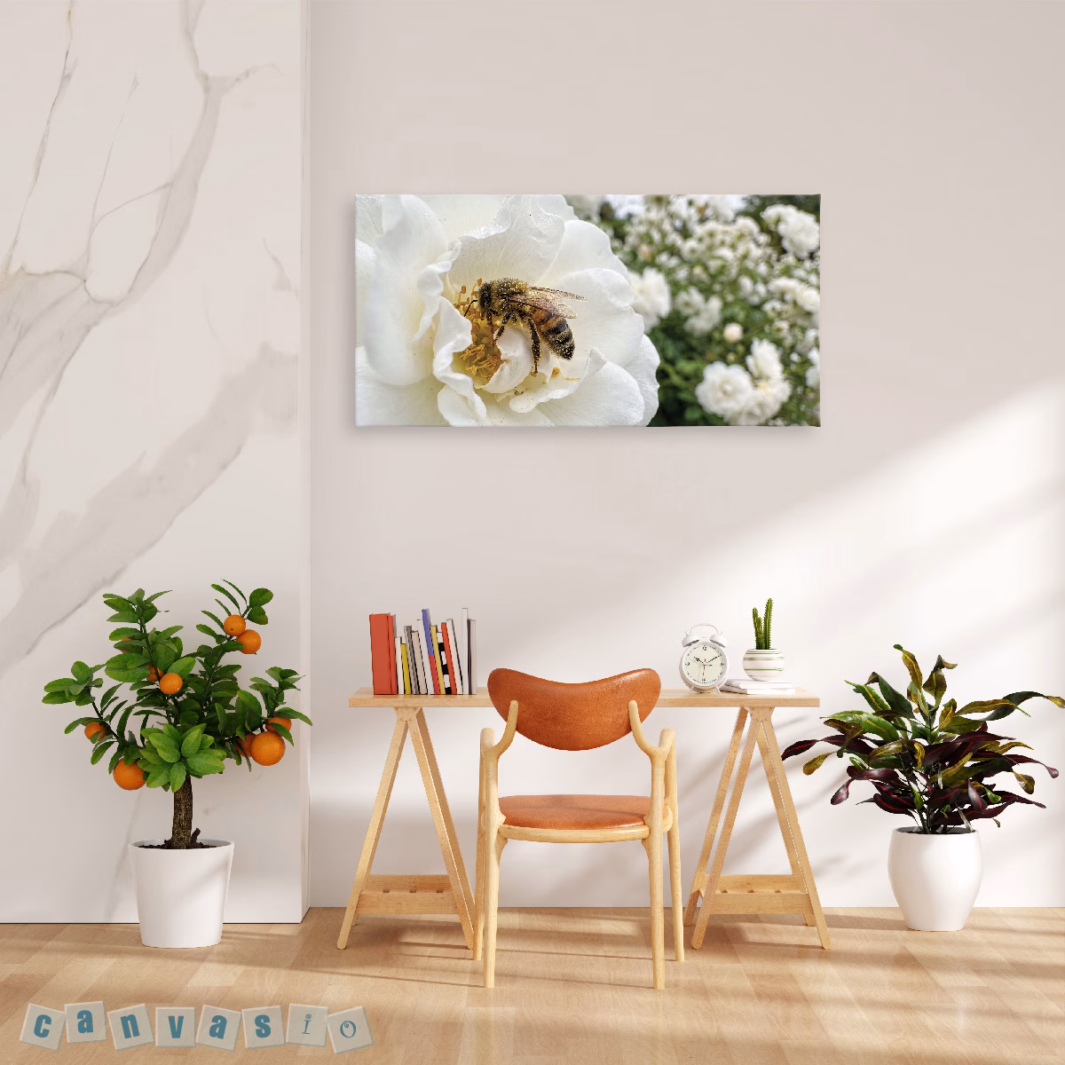 Tranh canvas hoa hồng trắng và ong tinh khôi | Mã KAP-HH 0013