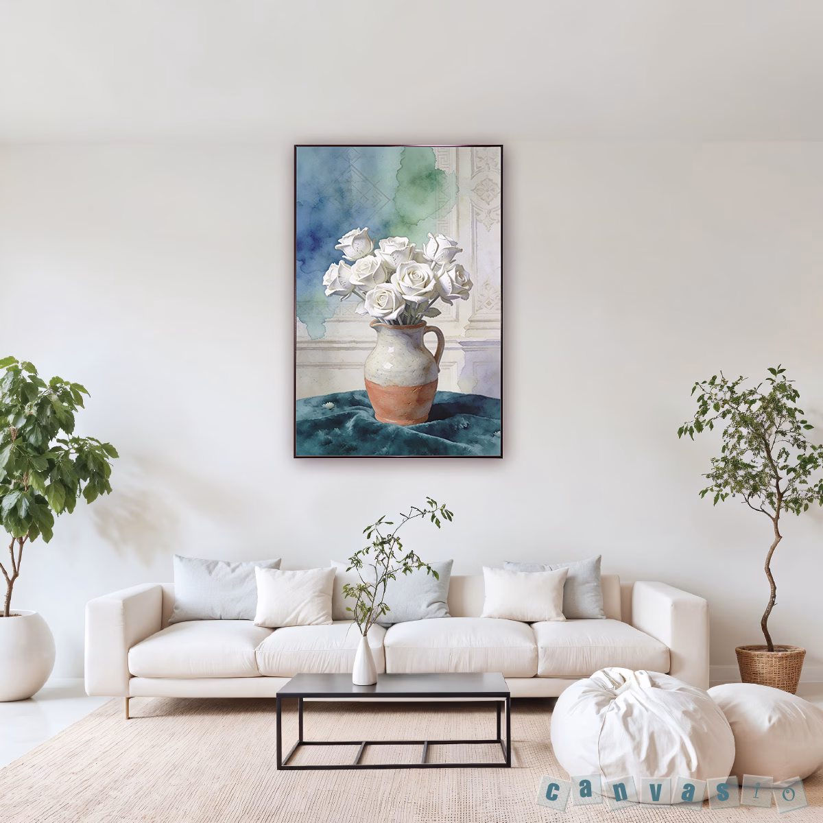 Tranh canvas tĩnh vật bình hoa hồng trắng tinh tế | Mã KAP-HH 0029