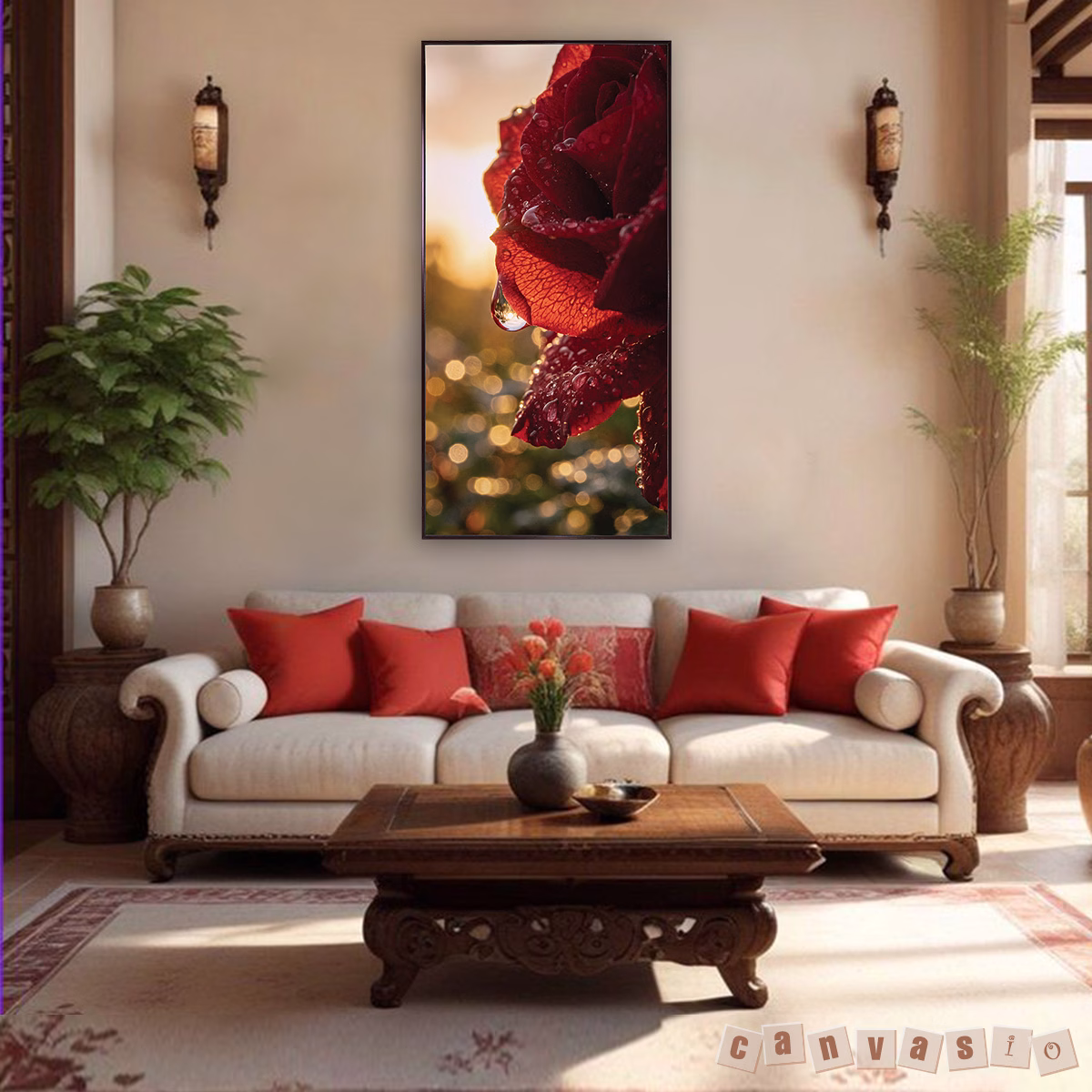 Tranh canvas hoa hồng đỏ đọng giọt sương nghệ thuật | Mã KAP-HH 0039