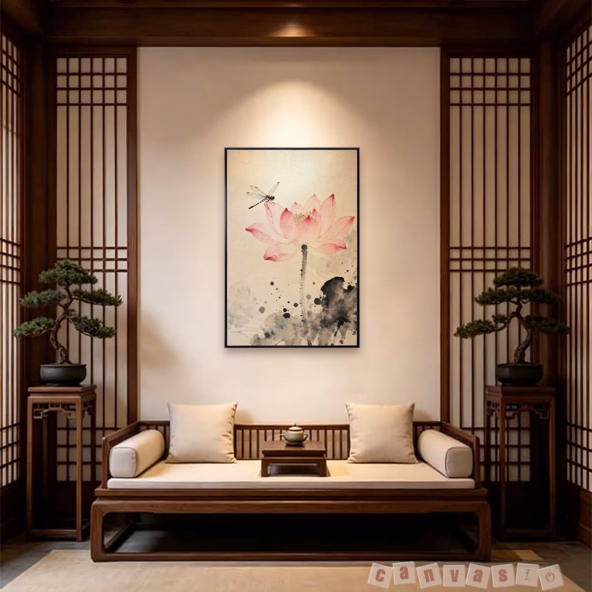 Tranh canvas hoa sen và chuồn chuồn | Mã KAP-HS 0030