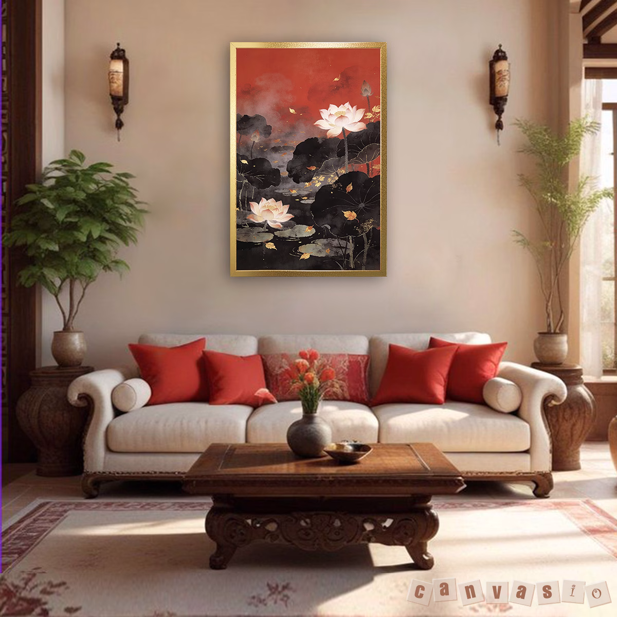 Tranh canvas hoa sen đỏ nghệ thuật sang trọng | Mã KAP-HS 0037