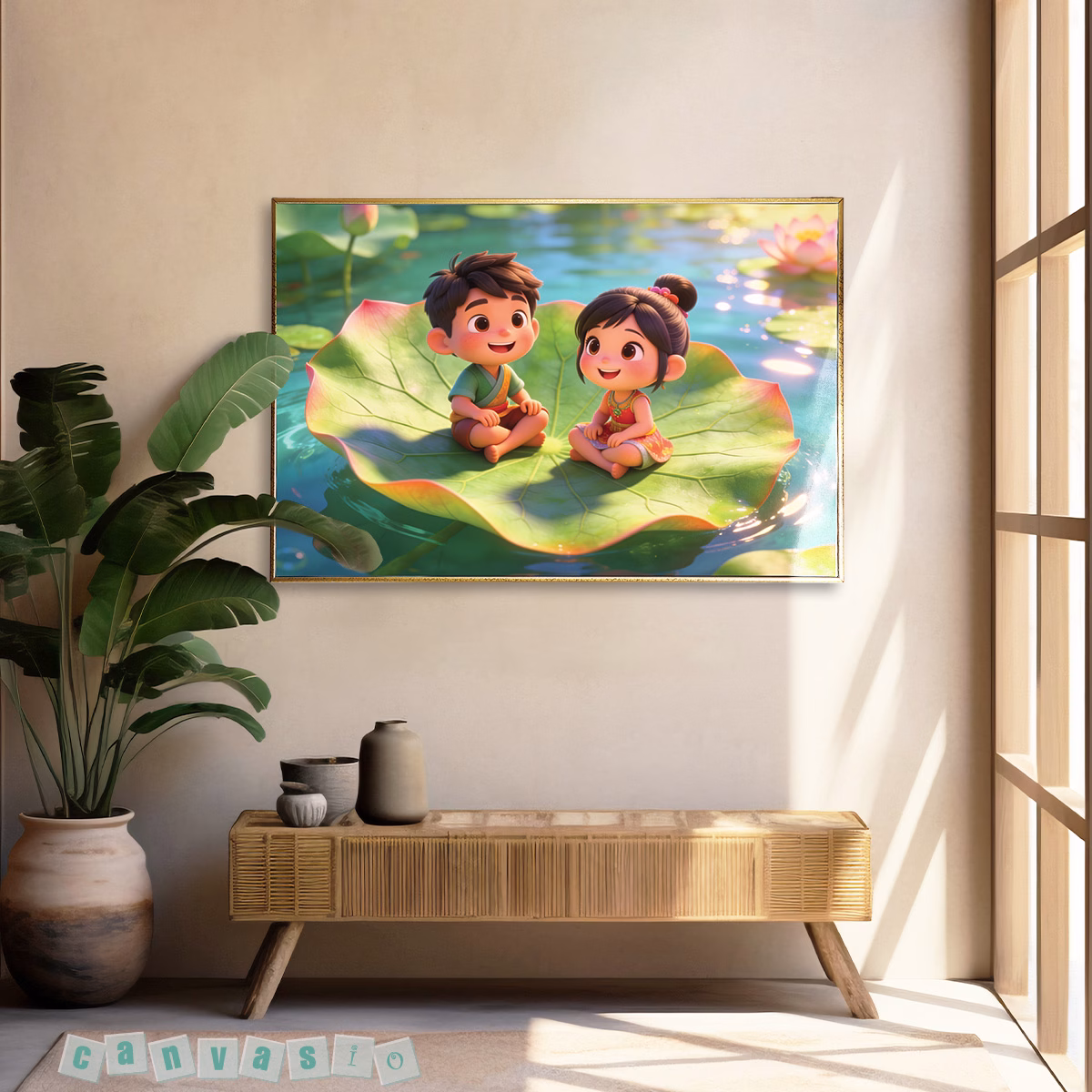 Tranh canvas hai bé ngồi trên lá sen | Mã KAP-HS 0039