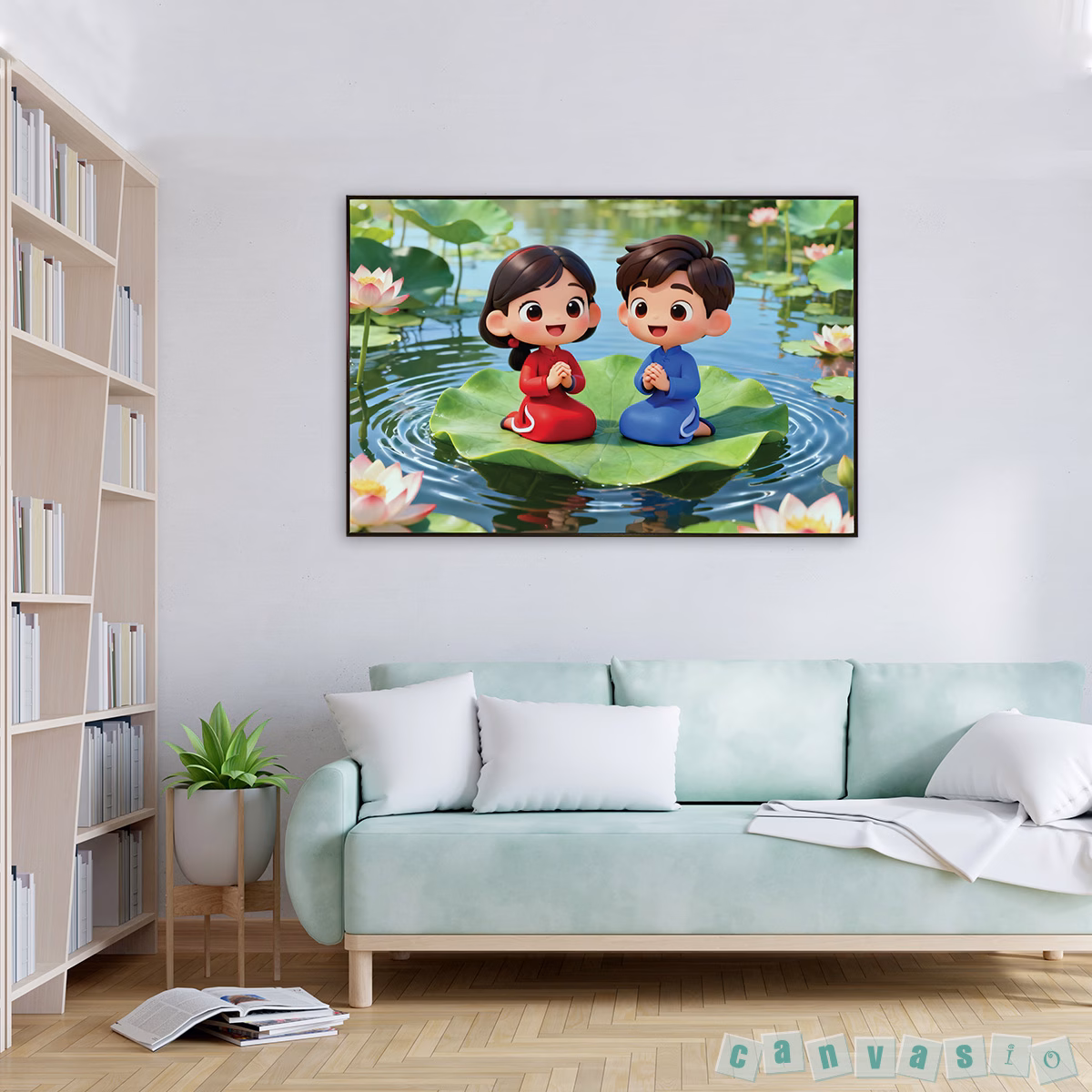Tranh canvas hai bé chắp tay trên lá sen | Mã KAP-HS 0040