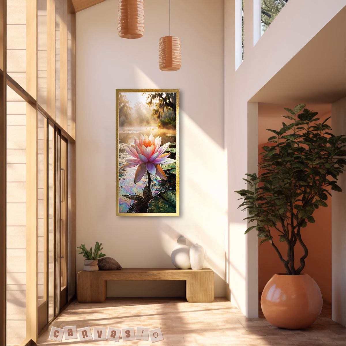 Tranh canvas hoa súng hồng đón ánh bình minh | Mã KAP-HSU 0005