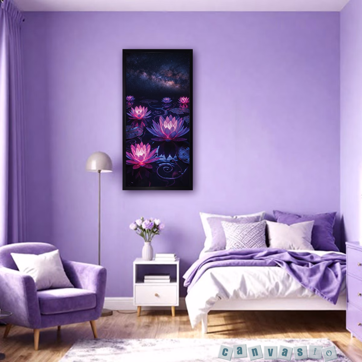 Tranh canvas hoa sen dưới dải ngân hà huyền ảo | Mã KAP-HSU 0010
