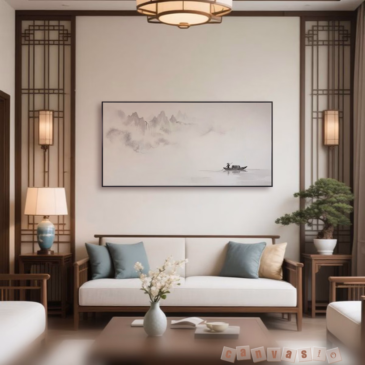 Tranh Canvas Thủy Mặc Phong Cảnh Núi Non Và Thuyền Buồm | Mã KAP-PC 0030