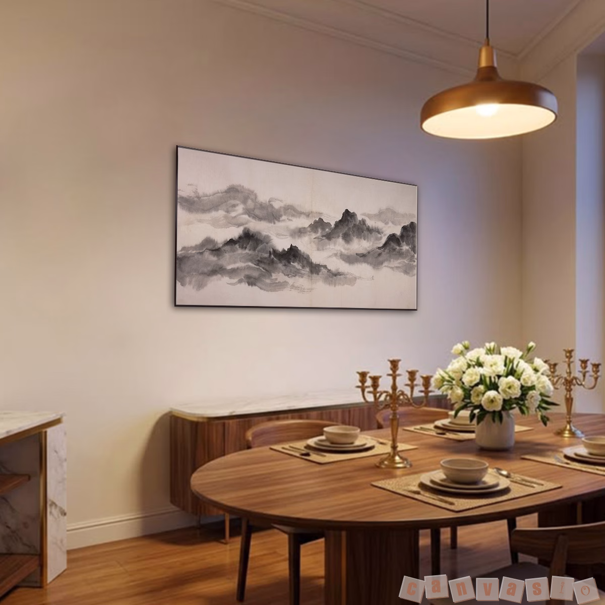 Tranh Canvas Thủy Mặc Phong Cảnh Núi Non Hùng Vĩ | Mã KAP-PC 0032