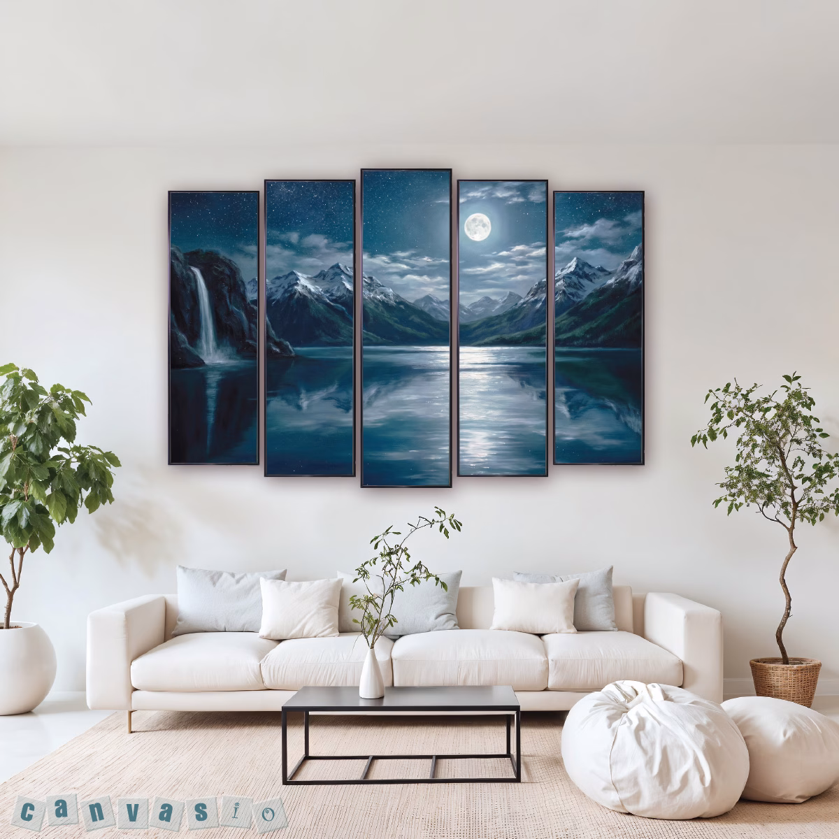 Tranh canvas bộ 5 tấm phong cảnh đêm trăng huyền ảo | Mã KAP-PC 0047