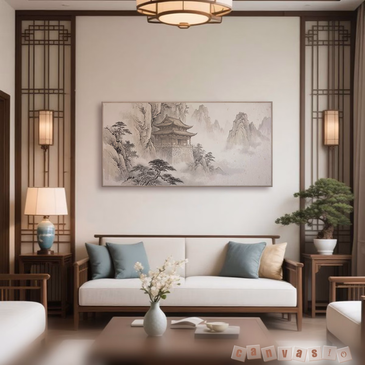 Tranh canvas phong cảnh thủy mặc sơn thủy hữu tình | Mã KAP-PC 0050