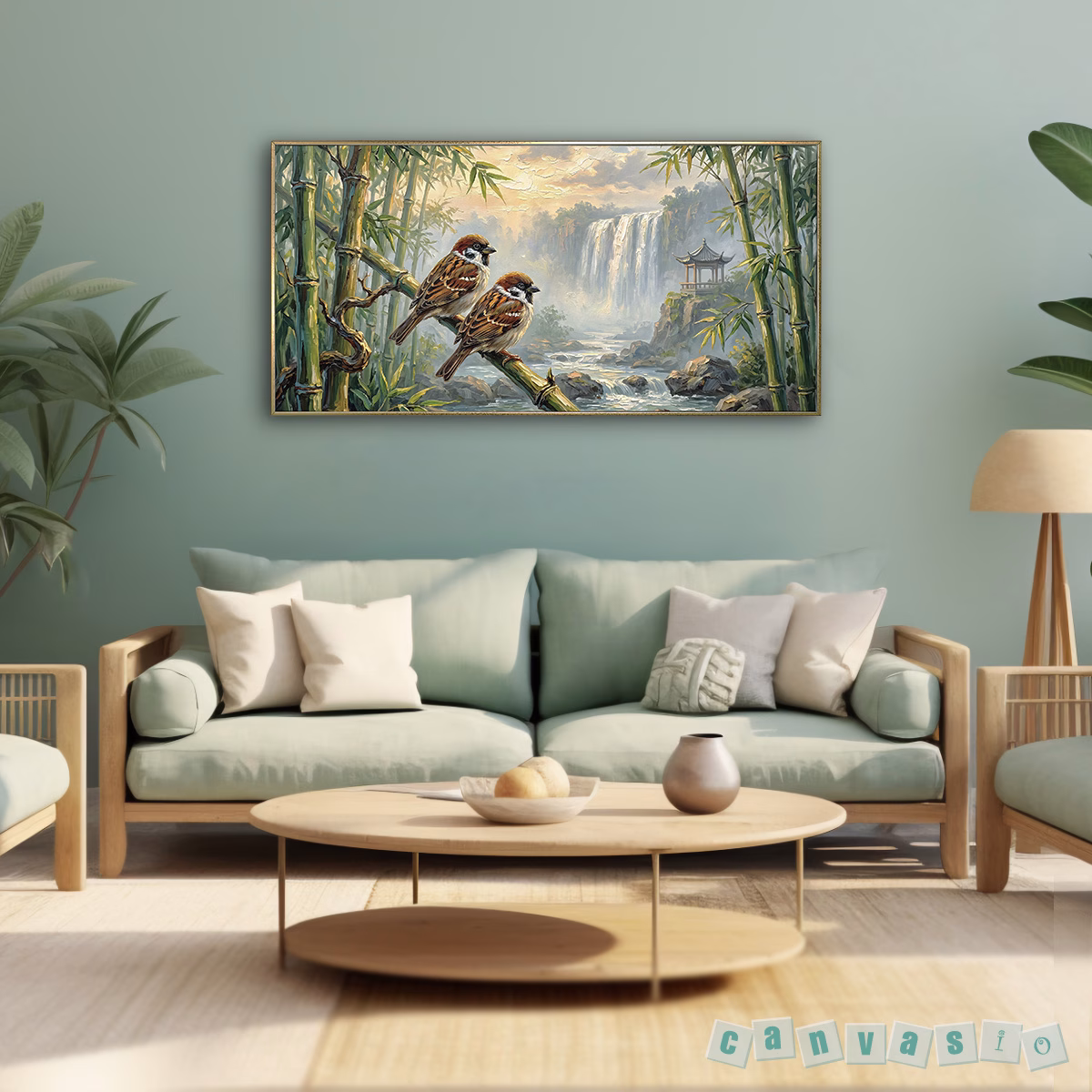 Tranh canvas phong cảnh thiên nhiên đôi chim sẻ bên rặng trúc | Mã KAP-PC 0075