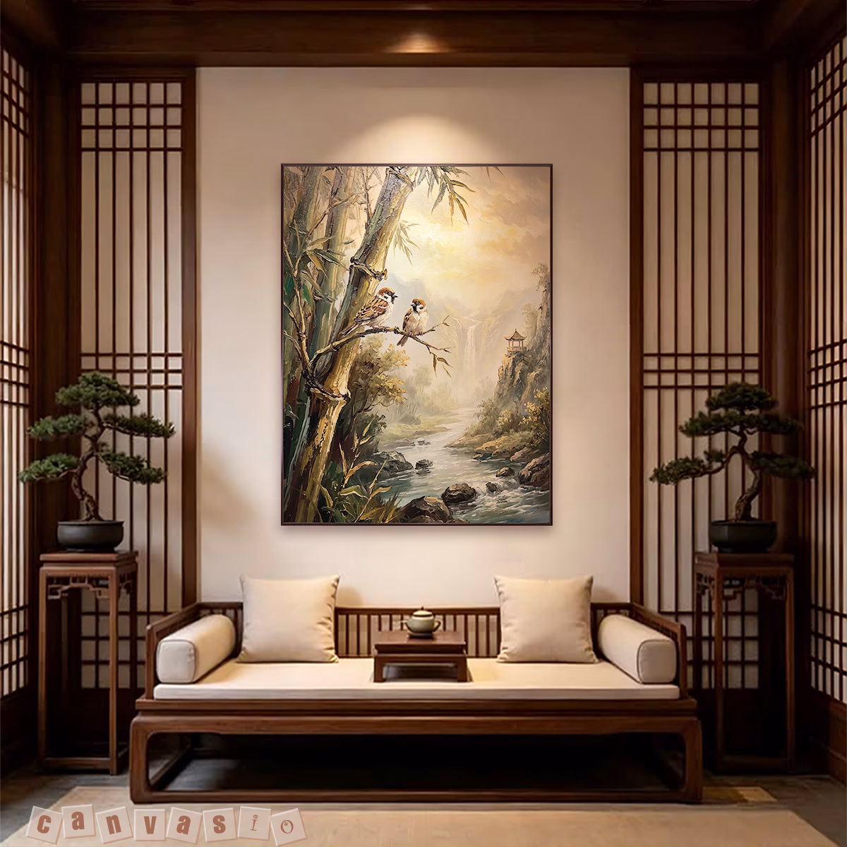 Tranh canvas phong cảnh thiên nhiên trúc và chim sẻ | Mã KAP-PC 0076