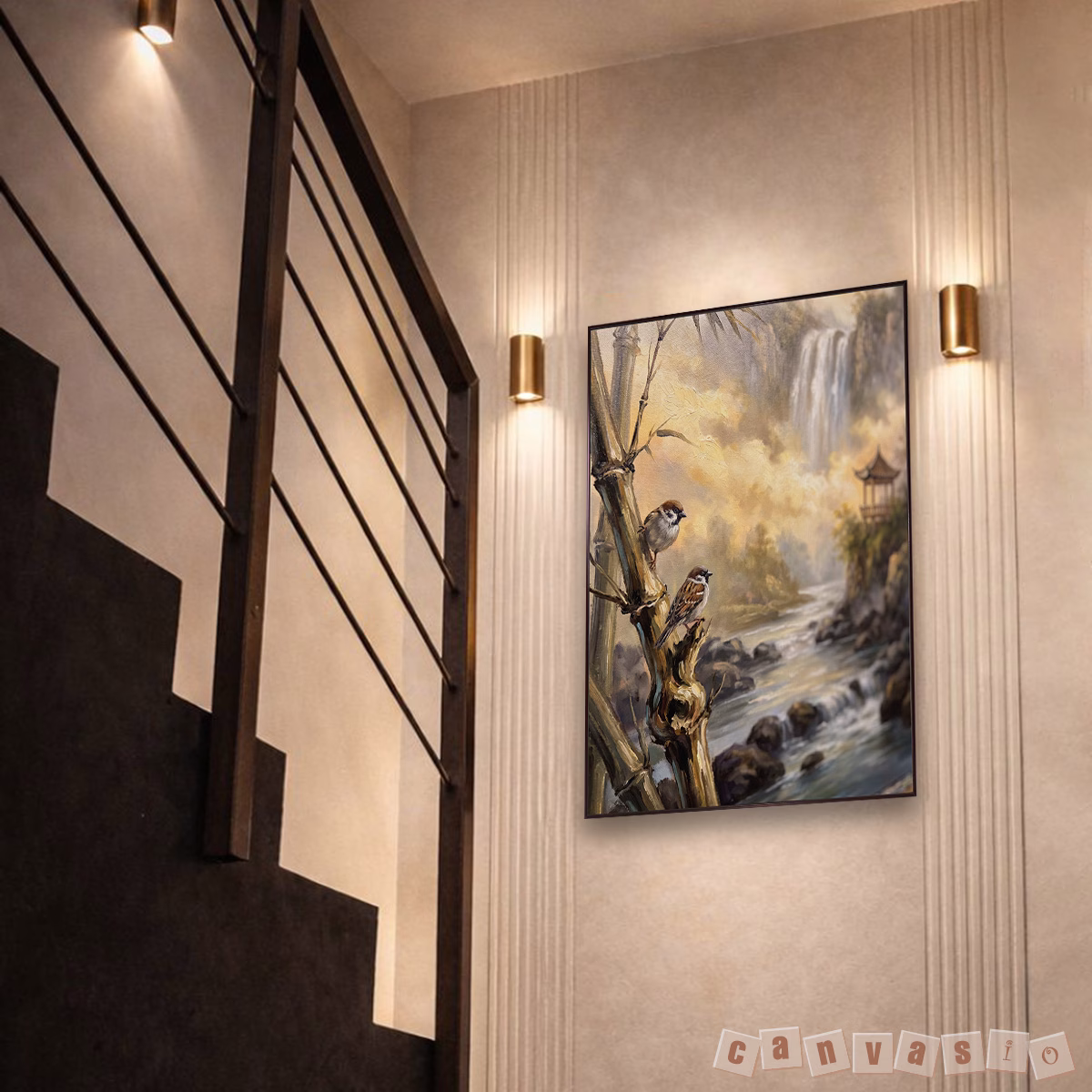 Tranh canvas treo tường sơn thủy hữu tình hai chú chim sẻ | Mã KAP - PC 0078