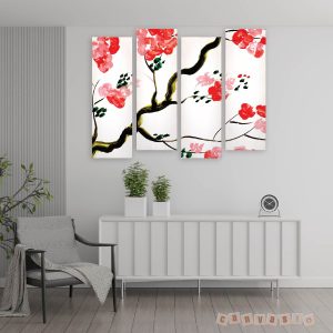 Tranh canvas treo tường 4 tấm nghệ thuật hoa đào đỏ | Mã số KAP-HL 0015