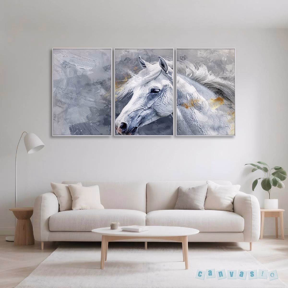 Tranh canvas bộ 3 bức phong thuỷ Bạch Mã | Mã KAP-CN 0005