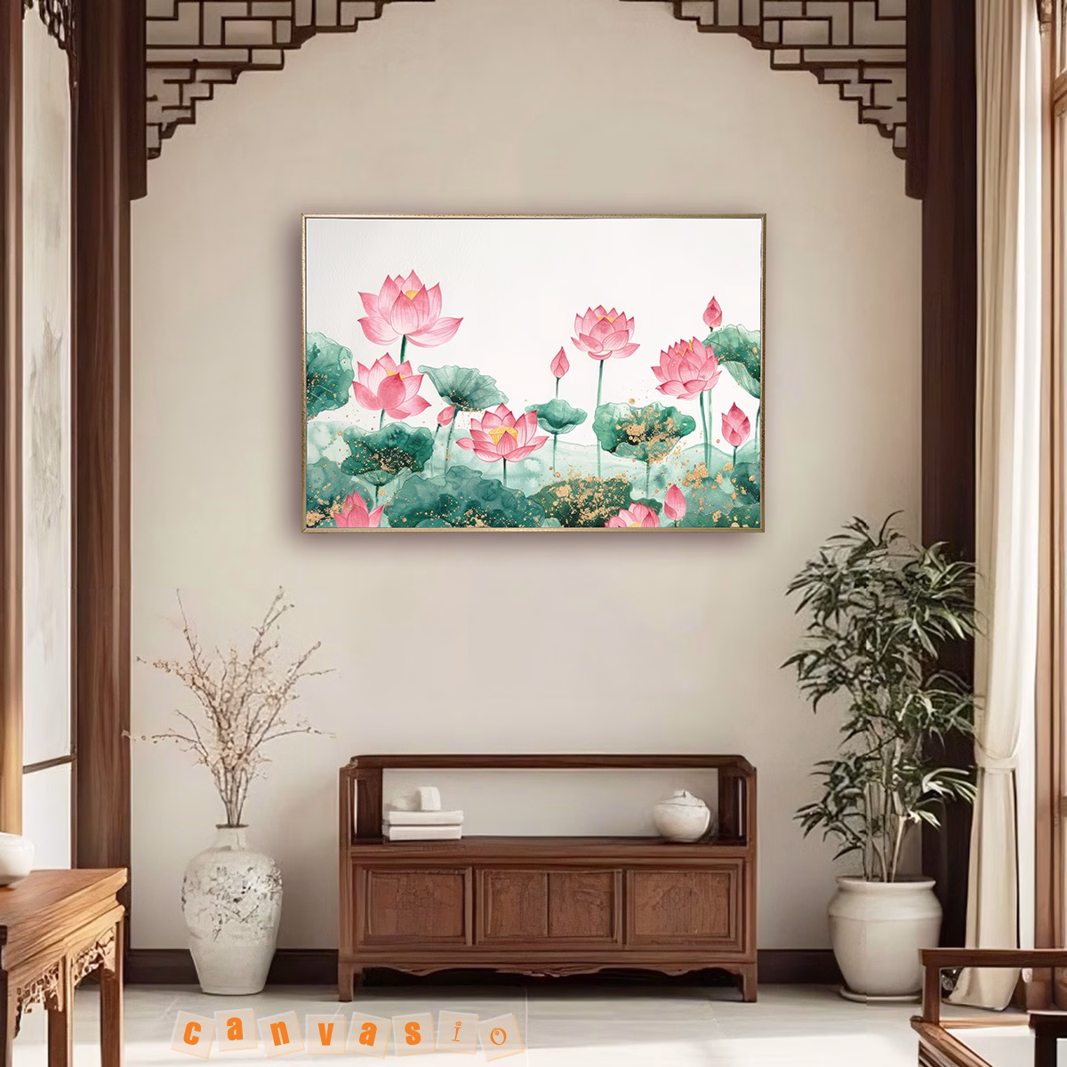 Tranh canvas hoa sen vàng rạn sang trọng | Mã KAP-HS 0008