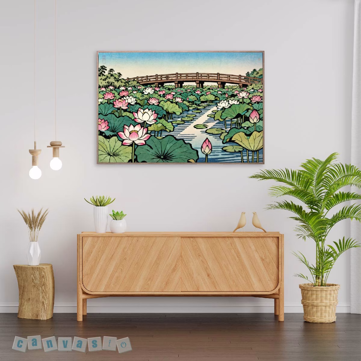 Tranh canvas hoa sen và cây cầu gỗ nghệ thuật | Mã KAP-HS 0050