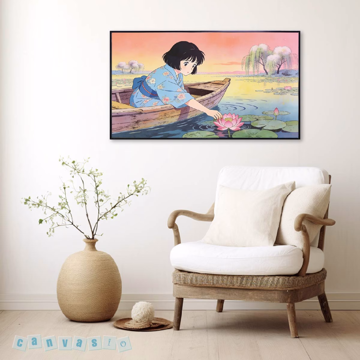 Tranh canvas cô gái bên hoa sen mang phong cách anime | Mã KAP-HS 0053