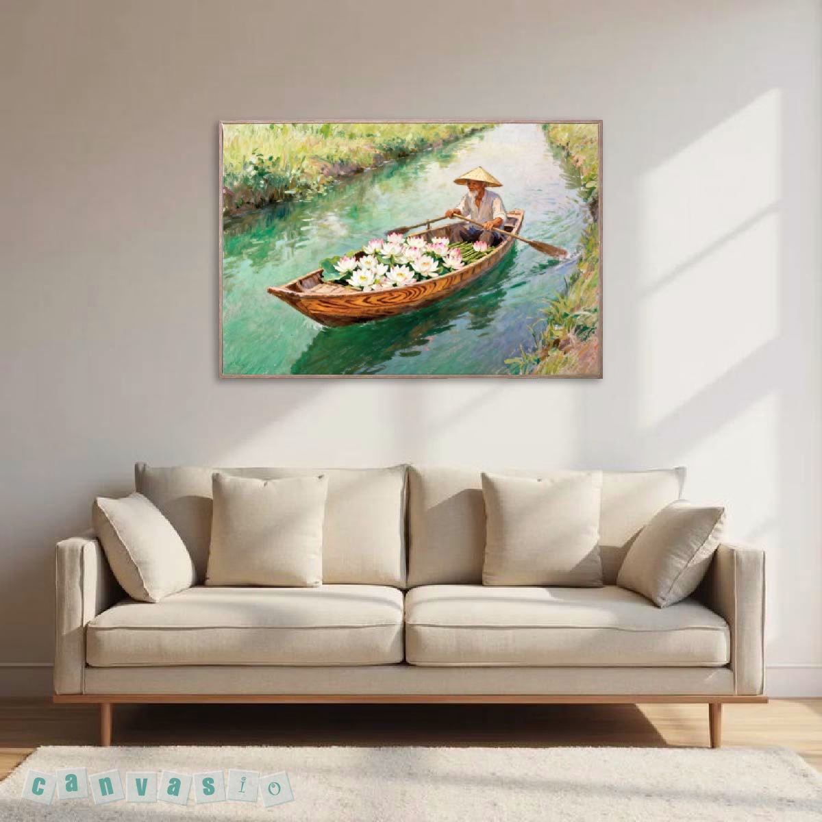 Tranh canvas treo tường ông lão chèo thuyền hoa sen | Mã KAP-HS 0069