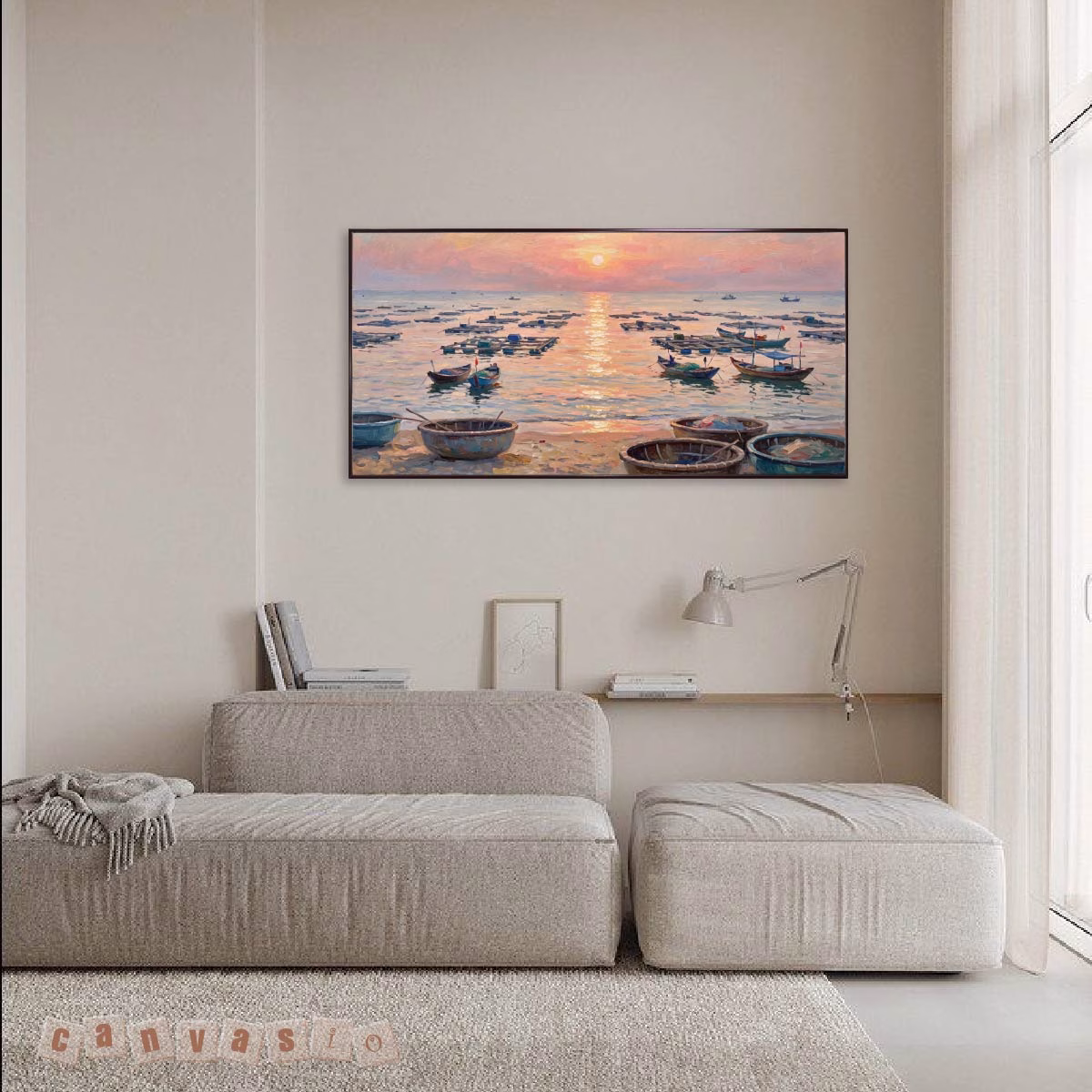 Tranh canvas cảnh bình minh trên làng chài bình yên | Mã KAP-PCB 0009