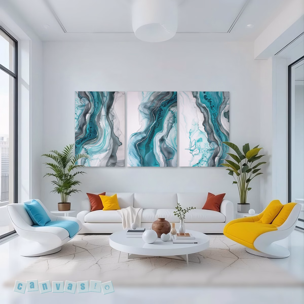 Tranh canvas bộ 3 bức trừu tượng màu xanh ngọc | Mã KAP-TT 0032