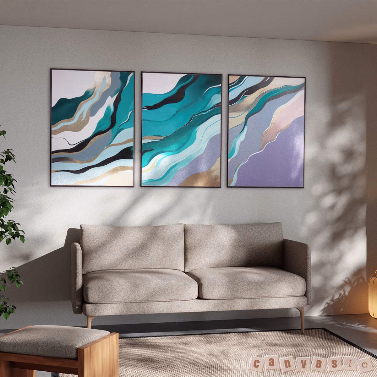 Bộ 3 bức tranh canvas trừu tượng sóng màu hiện đại | Mã KAP-TT 0034