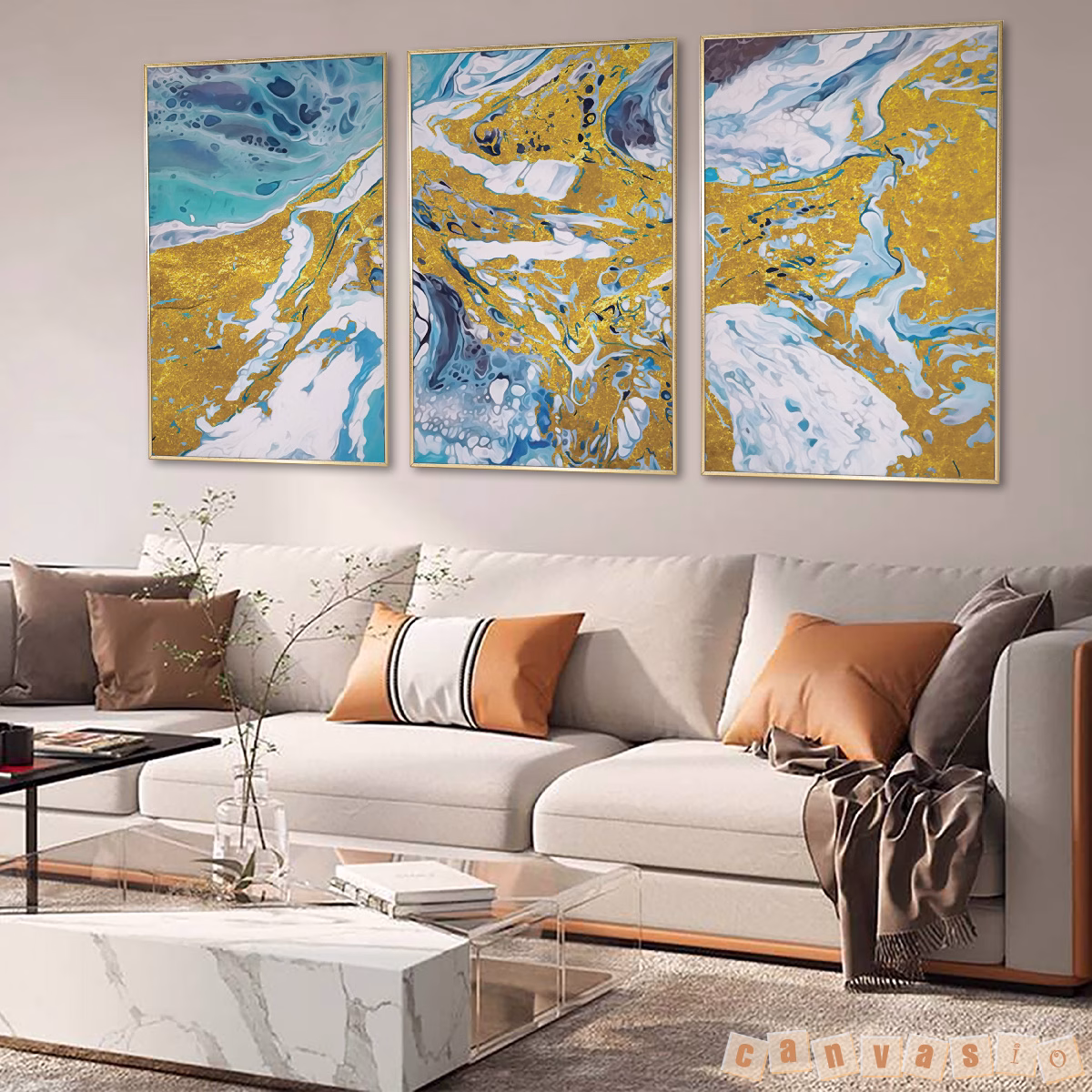 Bộ 3 bức tranh canvas dầu mờ trừu tượng vàng xanh | Mã KAP-TT 0035